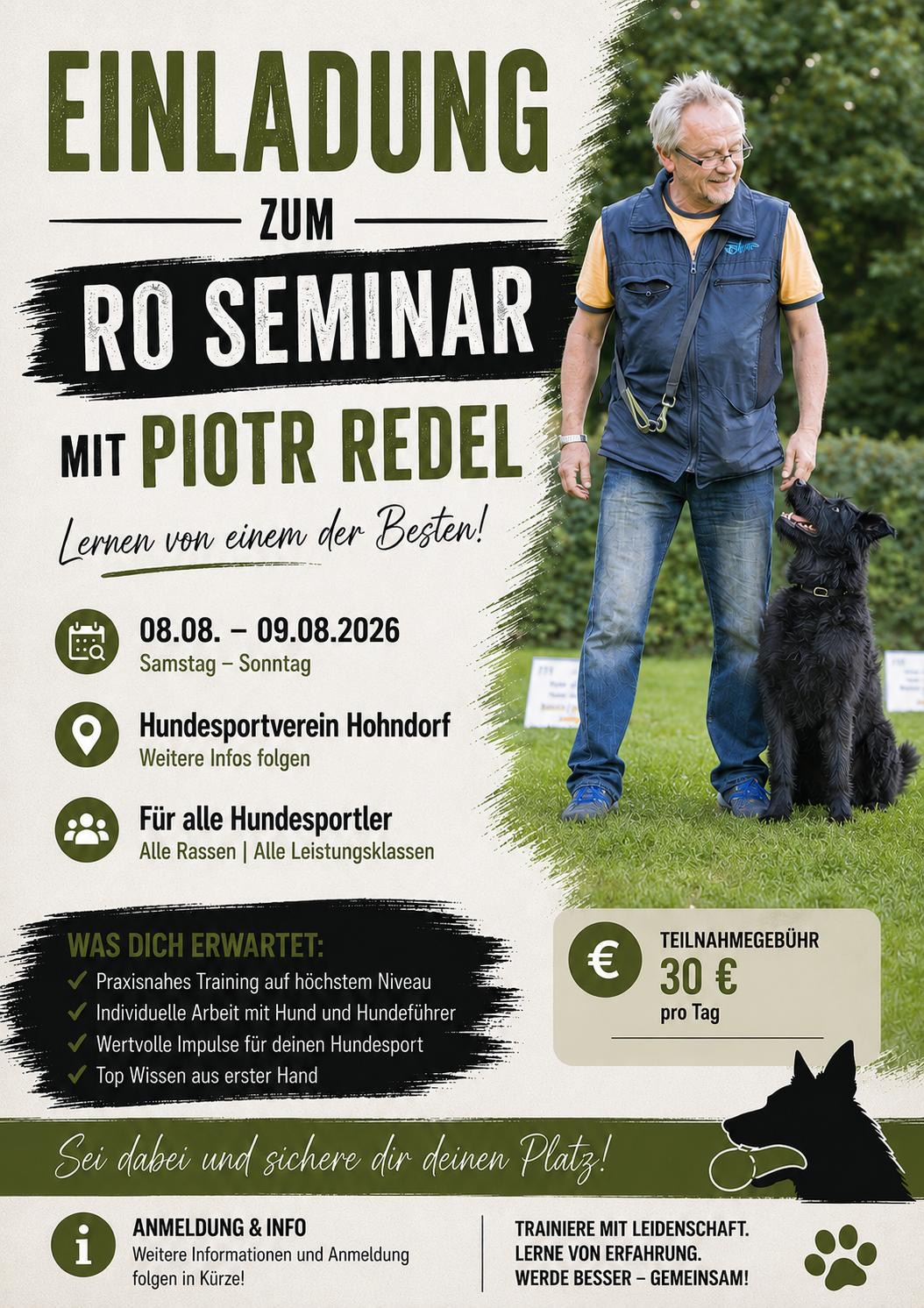 Einladung zum Rally-Obedience-Seminar mit Piotr Redel am 8. und 9. August 2026